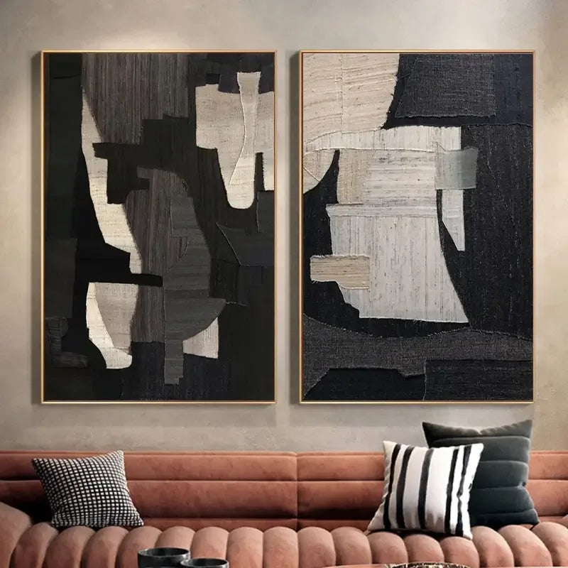 Geometric Dark Light Diptych-Monochrome Geometric Harmony Abstract Painting Set of 2 - artextured