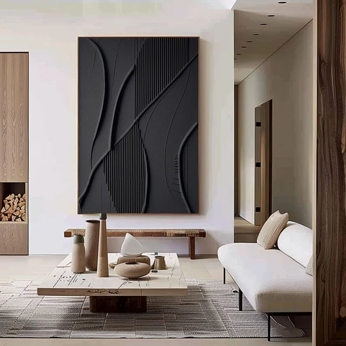 Black 3D Texture Painting-Vertical Geometric Flow Abstract Wall Art