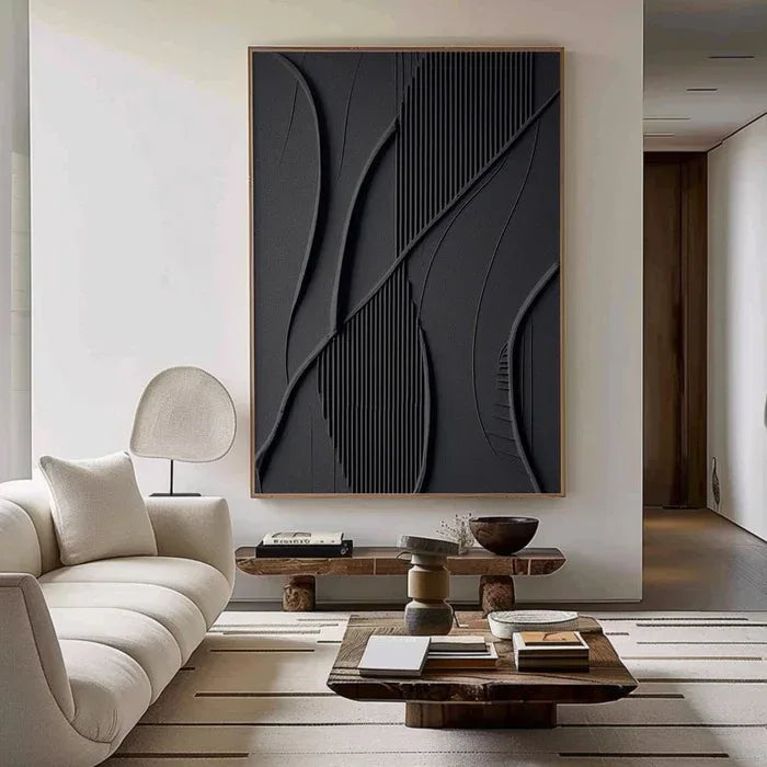 Black 3D Texture Painting-Vertical Geometric Flow Abstract Wall Art - artextured