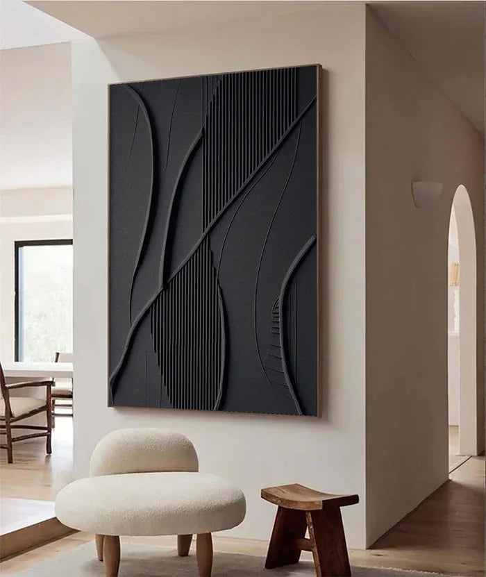 Black 3D Texture Painting-Vertical Geometric Flow Abstract Wall Art - artextured