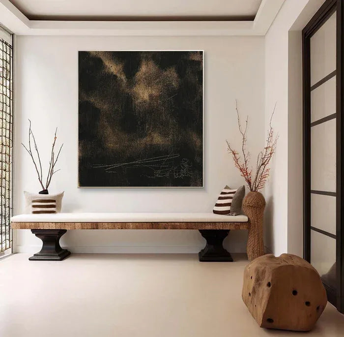 Black and Gold Textured Abstract Oil Painting - Modern Minimalist Wall Art - artextured