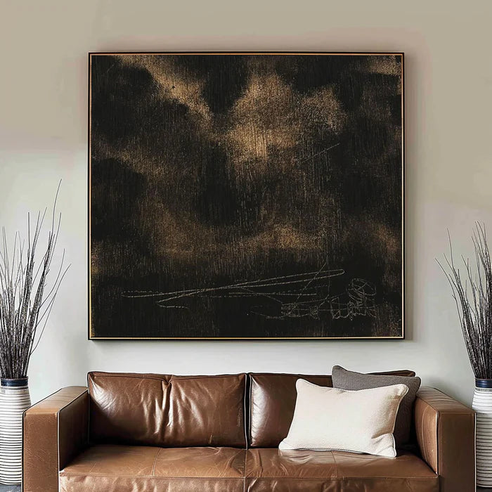 Black and Gold Textured Abstract Oil Painting - Modern Minimalist Wall Art