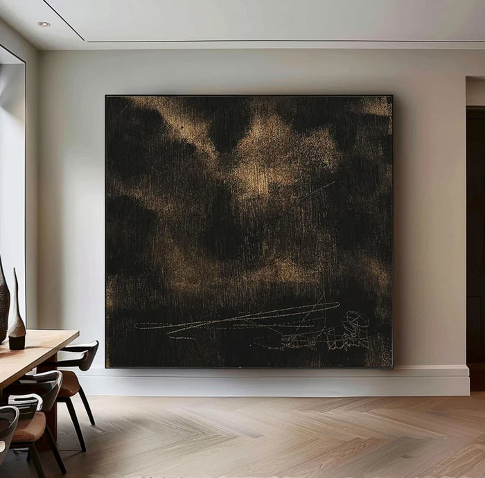 Black and Gold Textured Abstract Oil Painting - Modern Minimalist Wall Art