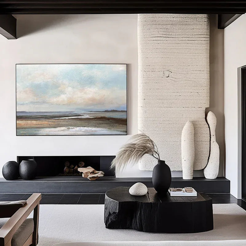 Tranquil Horizon - Modern Minimalist Wabi Sabi Style Coastal Thick Painted Wall Art - artextured