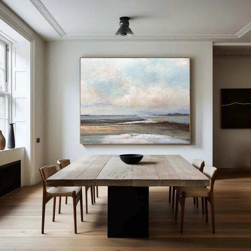 Tranquil Horizon - Modern Minimalist Wabi Sabi Style Coastal Thick Painted Wall Art - artextured