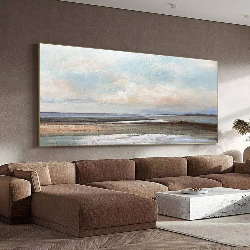 Tranquil Horizon - Modern Minimalist Wabi Sabi Style Coastal Thick Painted Wall Art - artextured