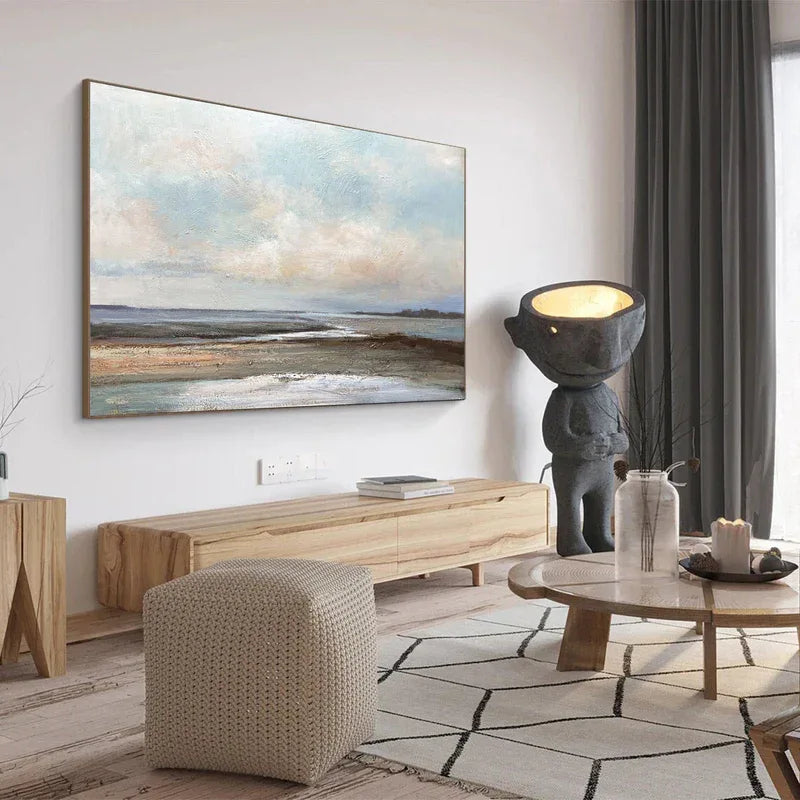 Tranquil Horizon - Modern Minimalist Wabi Sabi Style Coastal Thick Painted Wall Art - artextured