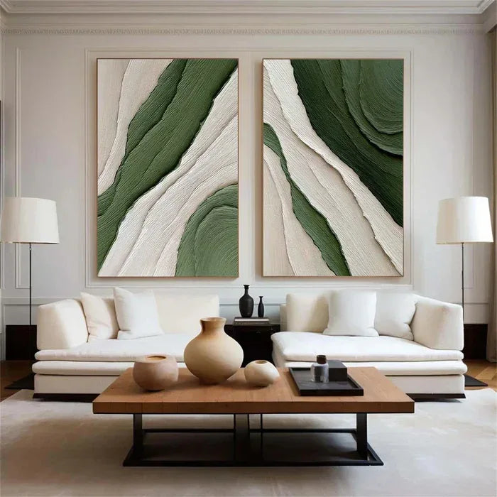Earth’s Essence-Hand Drawn Thick Green and White Textured Oil Painting Wall Art Set of 2 - artextured