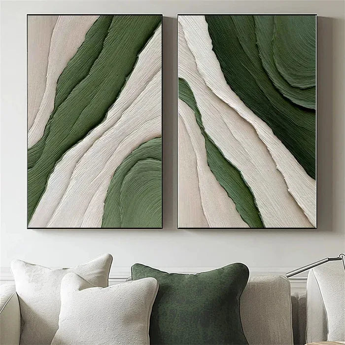 Earth’s Essence-Hand Drawn Thick Green and White Textured Oil Painting Wall Art Set of 2 - artextured