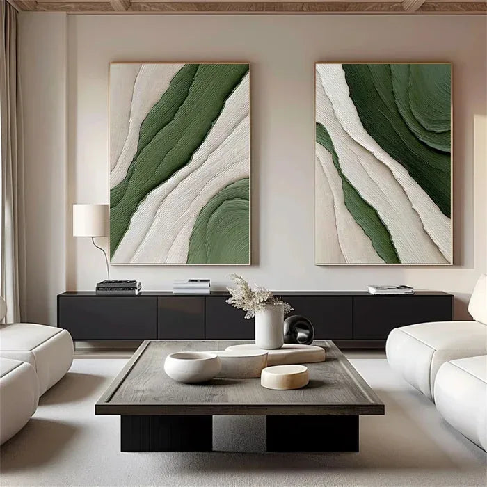 Earth’s Essence-Hand Drawn Thick Green and White Textured Oil Painting Wall Art Set of 2 - artextured