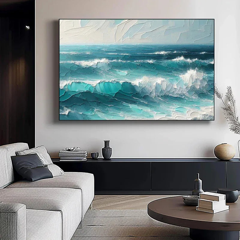 Azure Symphony -Modern minimalist three-dimensional wave texture oil painting wall art - artextured