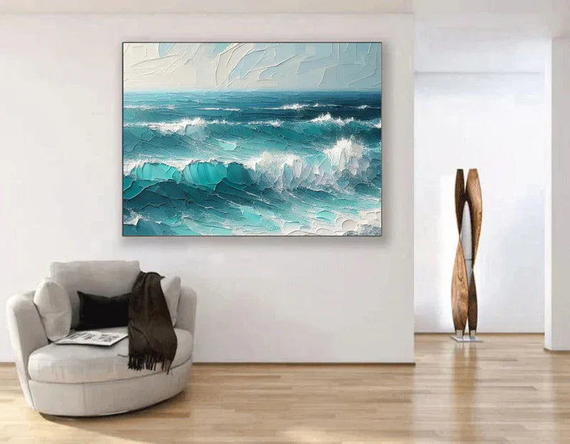 Azure Symphony -Modern minimalist three-dimensional wave texture oil painting wall art - artextured