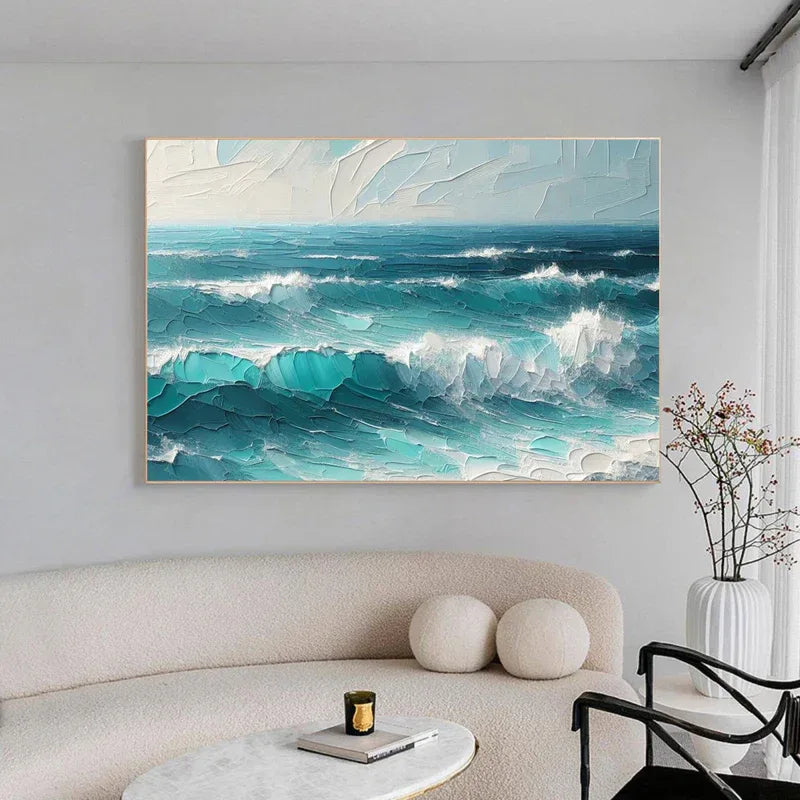 Azure Symphony -Modern minimalist three-dimensional wave texture oil painting wall art - artextured