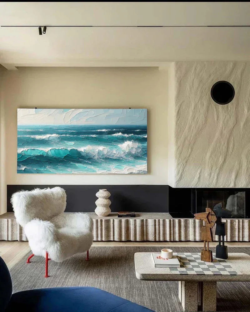 Azure Symphony -Modern minimalist three-dimensional wave texture oil painting wall art - artextured