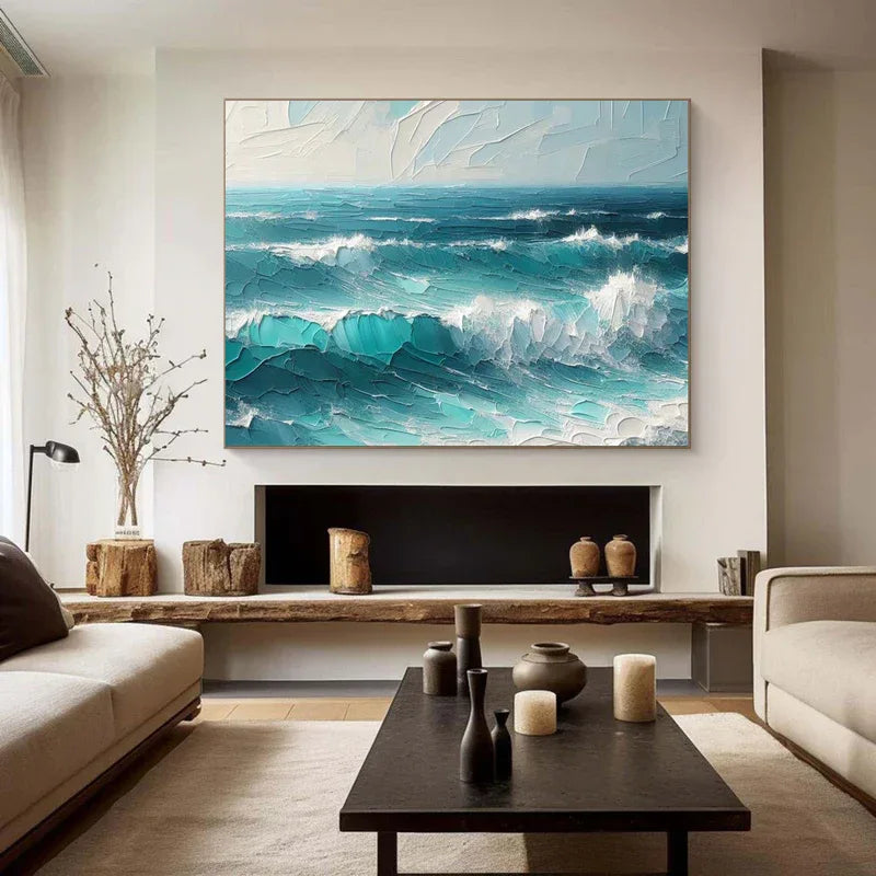 Azure Symphony -Modern minimalist three-dimensional wave texture oil painting wall art - artextured