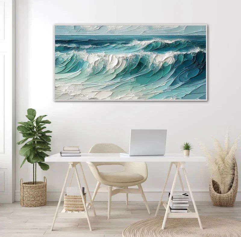 Azure Symphony -Modern minimalist three-dimensional wave texture oil painting wall art - artextured