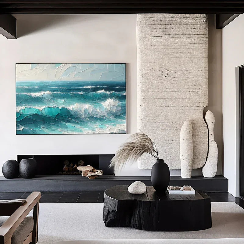 Azure Symphony -Modern minimalist three-dimensional wave texture oil painting wall art - artextured