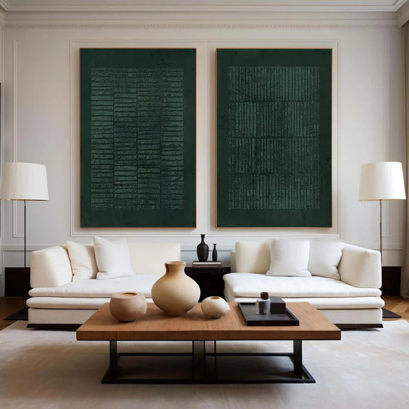 Verdant Rhythm Textured Set Of 2-Minimalist Geometric Deep Green Texture Wall Art