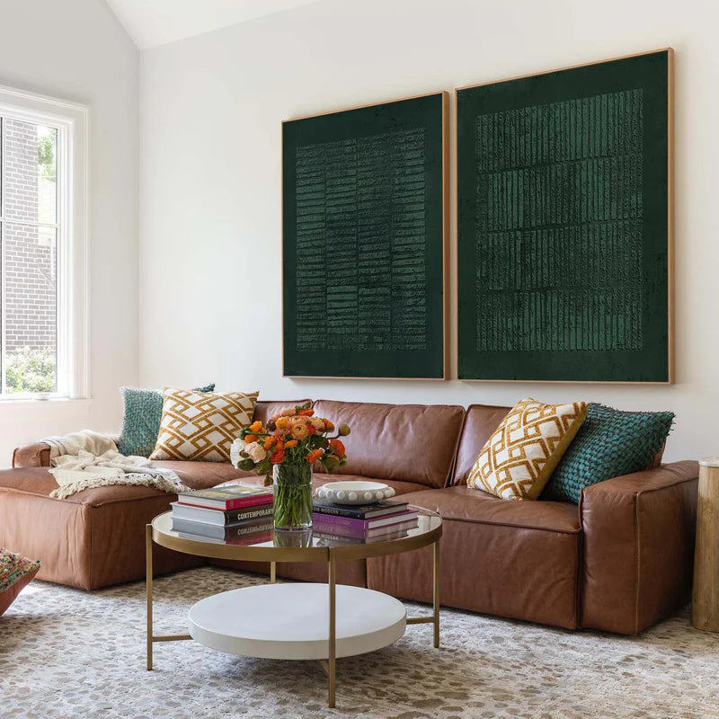 Verdant Rhythm Textured Set Of 2-Minimalist Geometric Deep Green Texture Wall Art