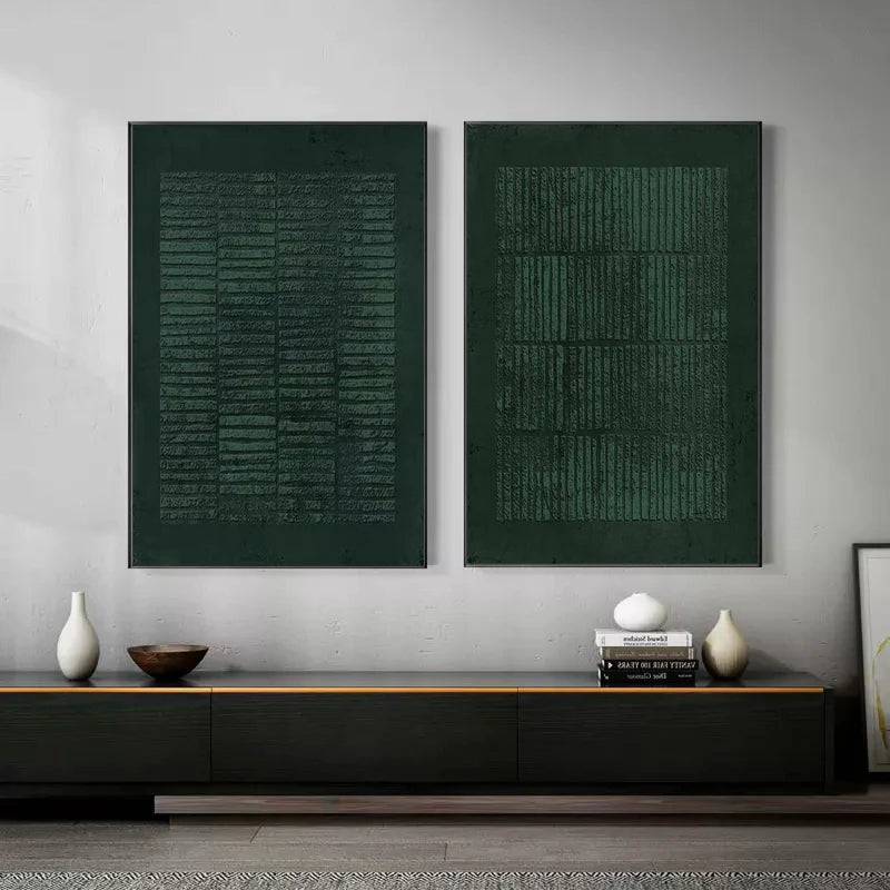 Verdant Rhythm Textured Set Of 2-Minimalist Geometric Deep Green Texture Wall Art