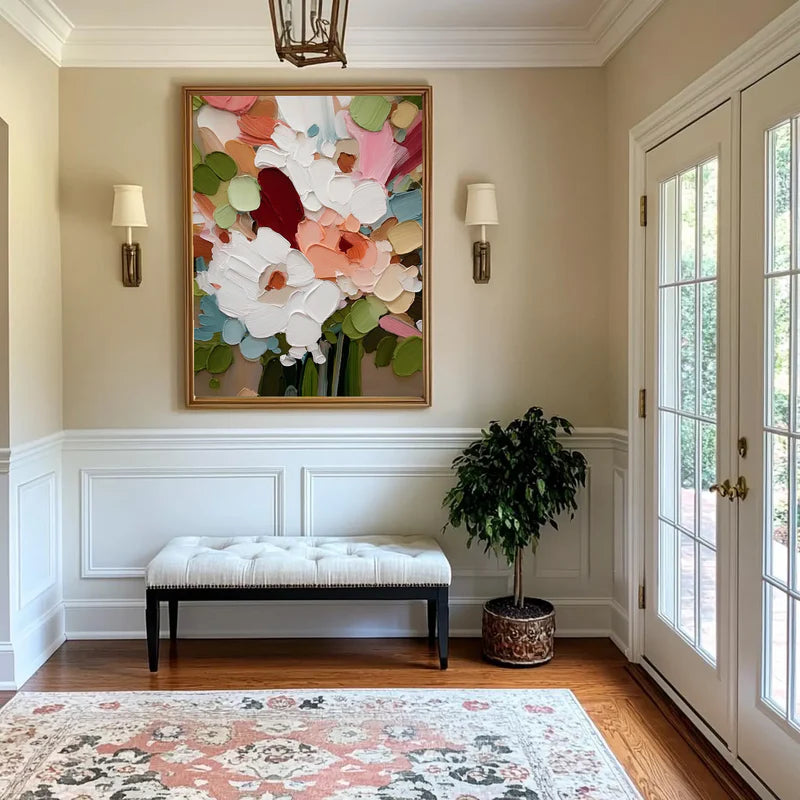 Bursting blooms thick textured floral abstract bright color palette art