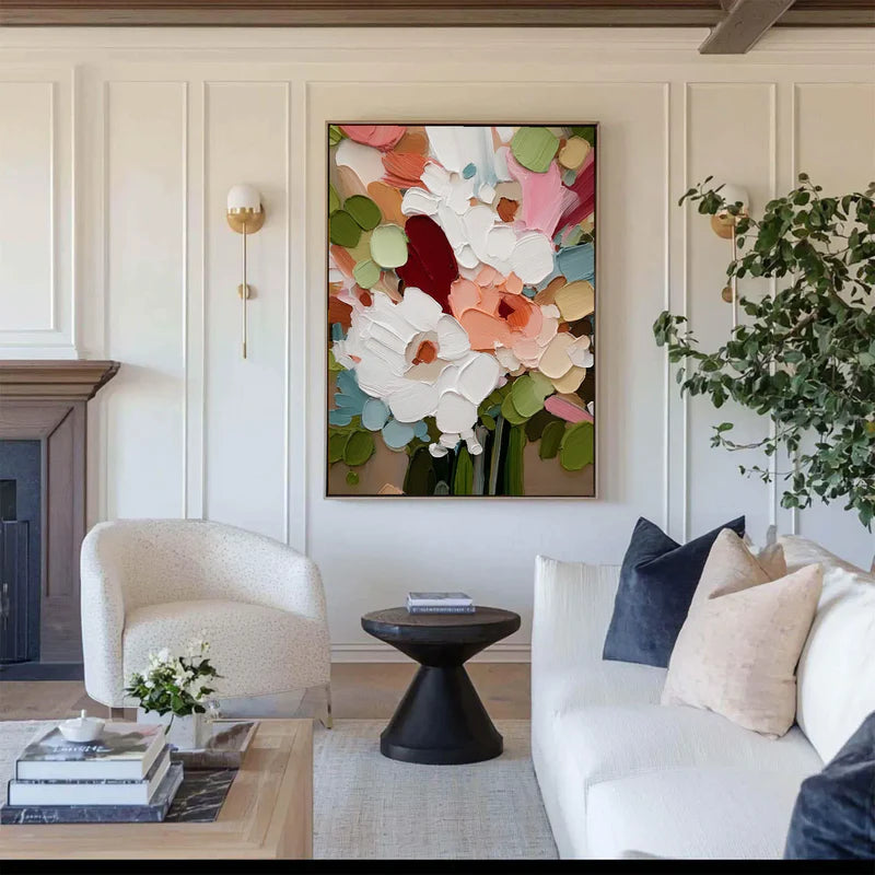 Bursting blooms thick textured floral abstract bright color palette art