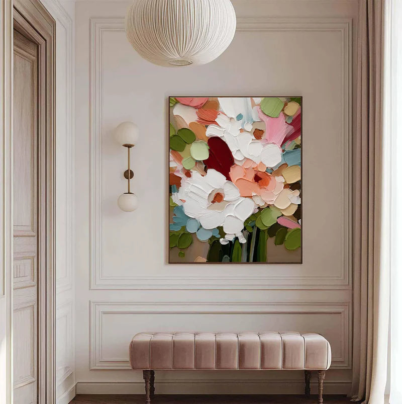 Bursting blooms thick textured floral abstract bright color palette art