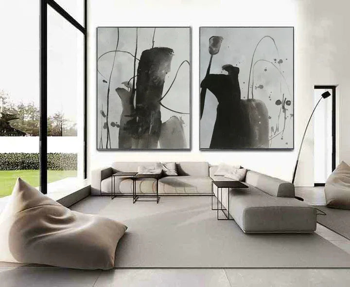 Ink Flow Diptych-Modern Hand-Painted Double ink Texture Wall Art - artextured