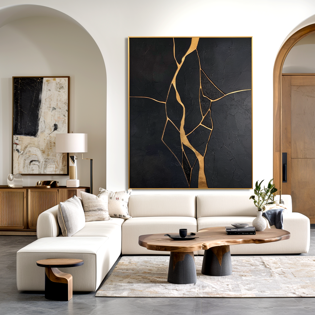 Gilded Fault - Modern Minimalist Black and Gold Cracked Abstract Wall Art#AB14167