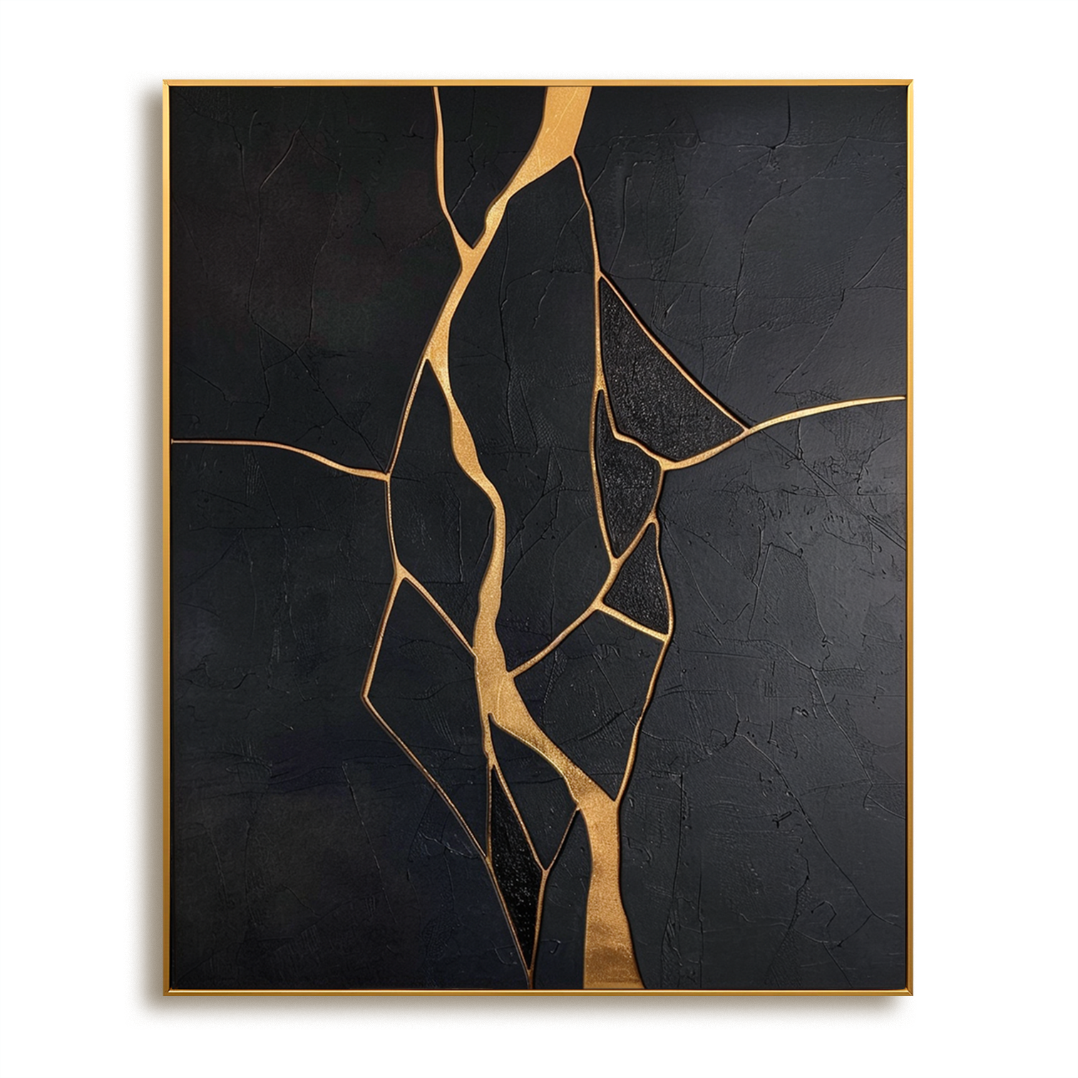 Gilded Fault - Modern Minimalist Black and Gold Cracked Abstract Wall Art#AB14167