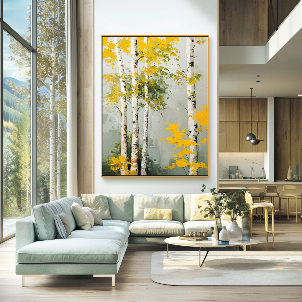 Golden Grove Large Hand-Painted Birch Tree Oil Painting#AB14216