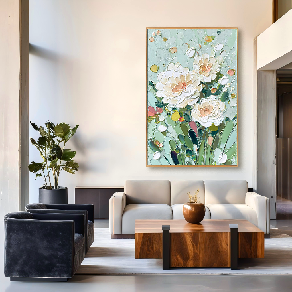 Soft Garden Glow Large Hand-Painted Textured Floral Oil Painting#AB14219