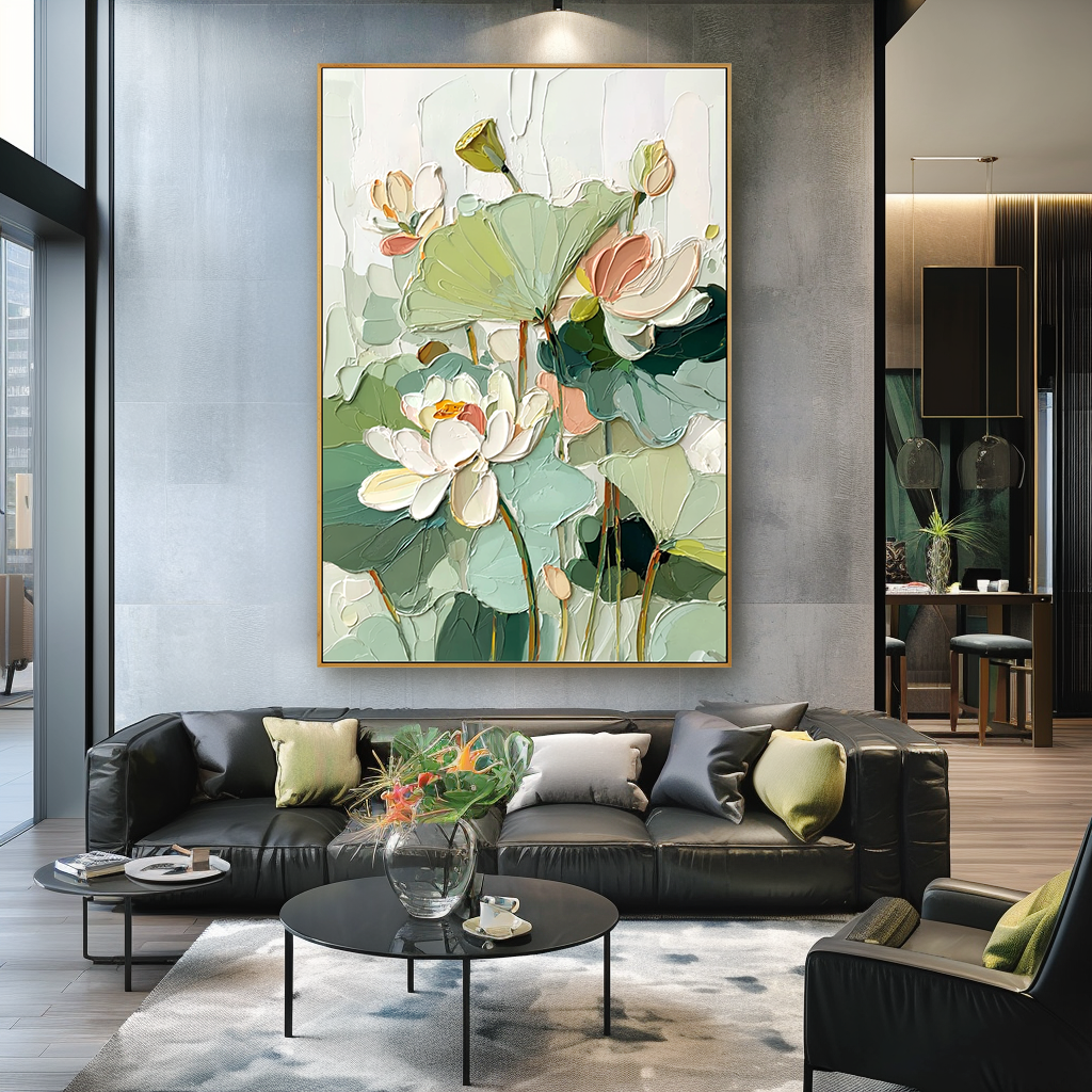 Lotus in Soft Light Large Hand-Painted Textured Floral Oil Painting#AB14220