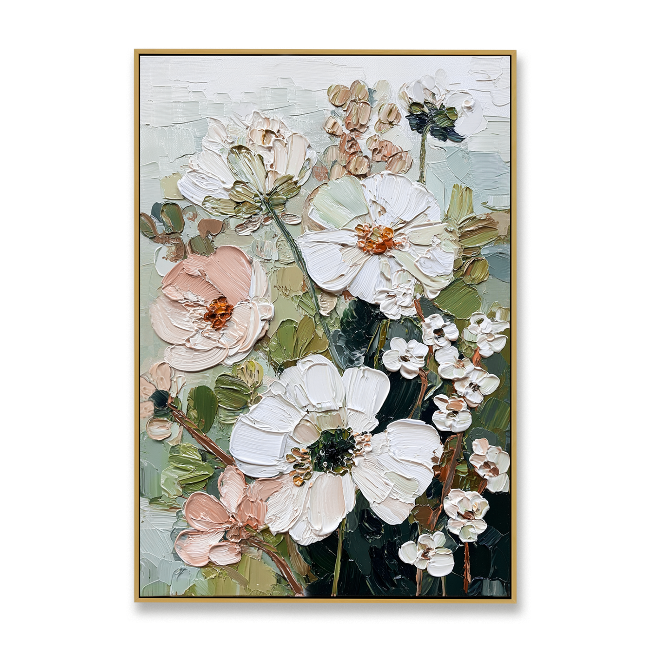 Gentle Meadow Hand-Painted Textured Floral Oil Painting – Soft Garden Wall Art#AB14233