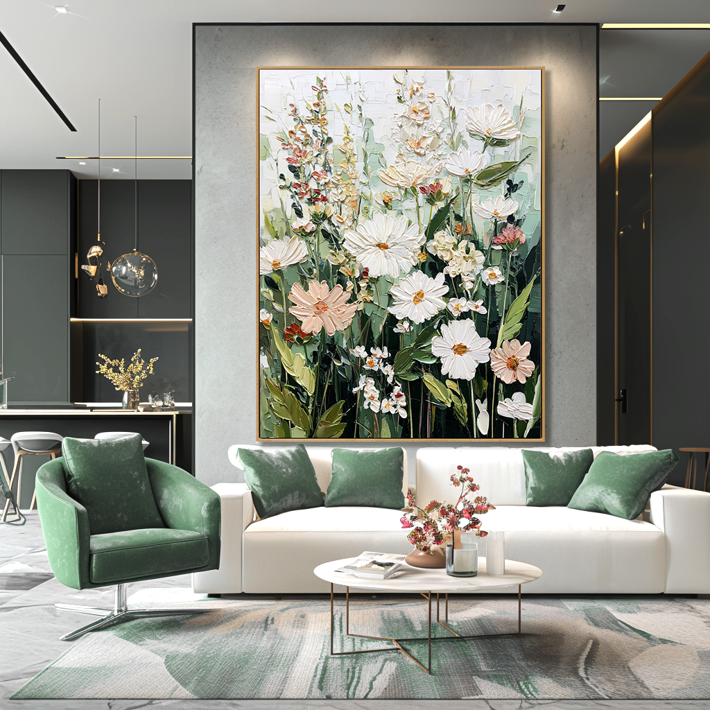 Wild Garden Stillness – Hand-Painted Textured Floral Oil Painting#AB14234