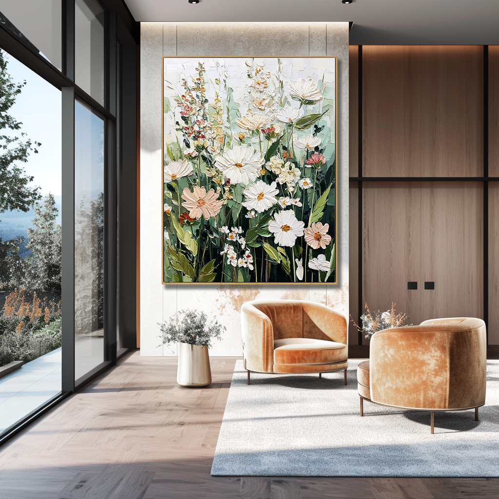 Wild Garden Stillness – Hand-Painted Textured Floral Oil Painting#AB14234