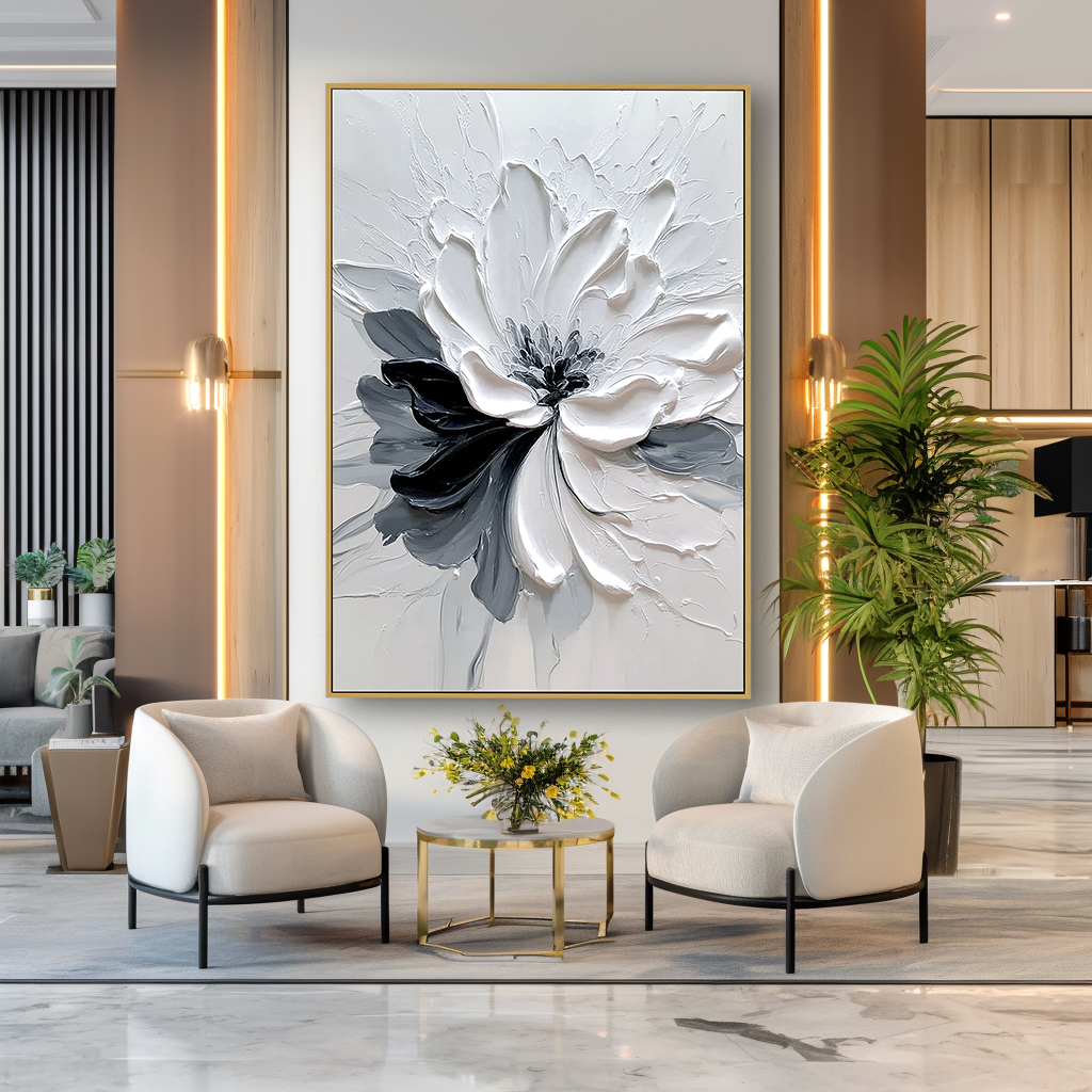 Quiet Contrast – Hand-Painted Abstract Textured Floral Oil Painting#AB14239