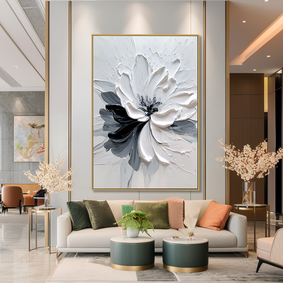 Quiet Contrast – Hand-Painted Abstract Textured Floral Oil Painting#AB14239