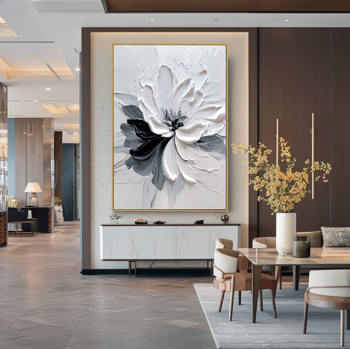 Quiet Contrast – Hand-Painted Abstract Textured Floral Oil Painting#AB14239