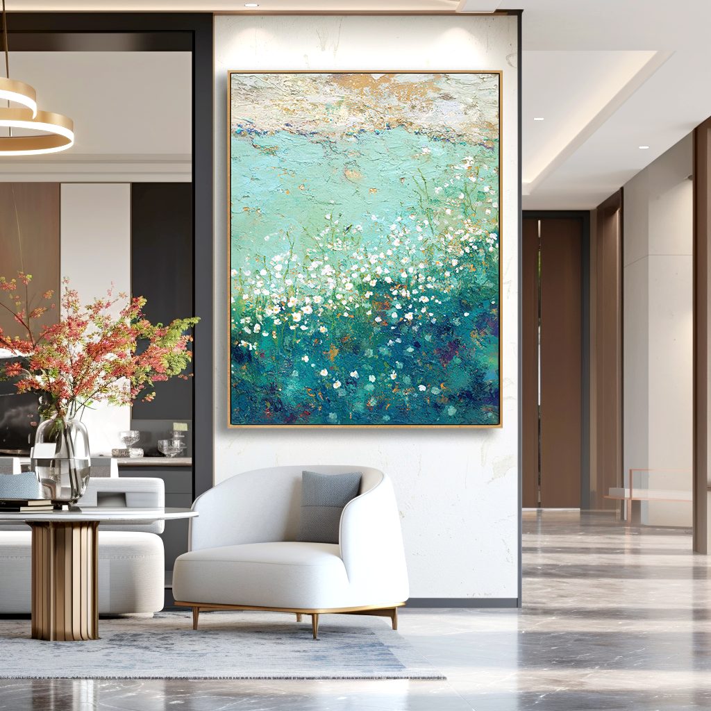 Quiet Meadow – Hand-Painted Abstract Textured Floral Landscape Oil Painting#AB14243