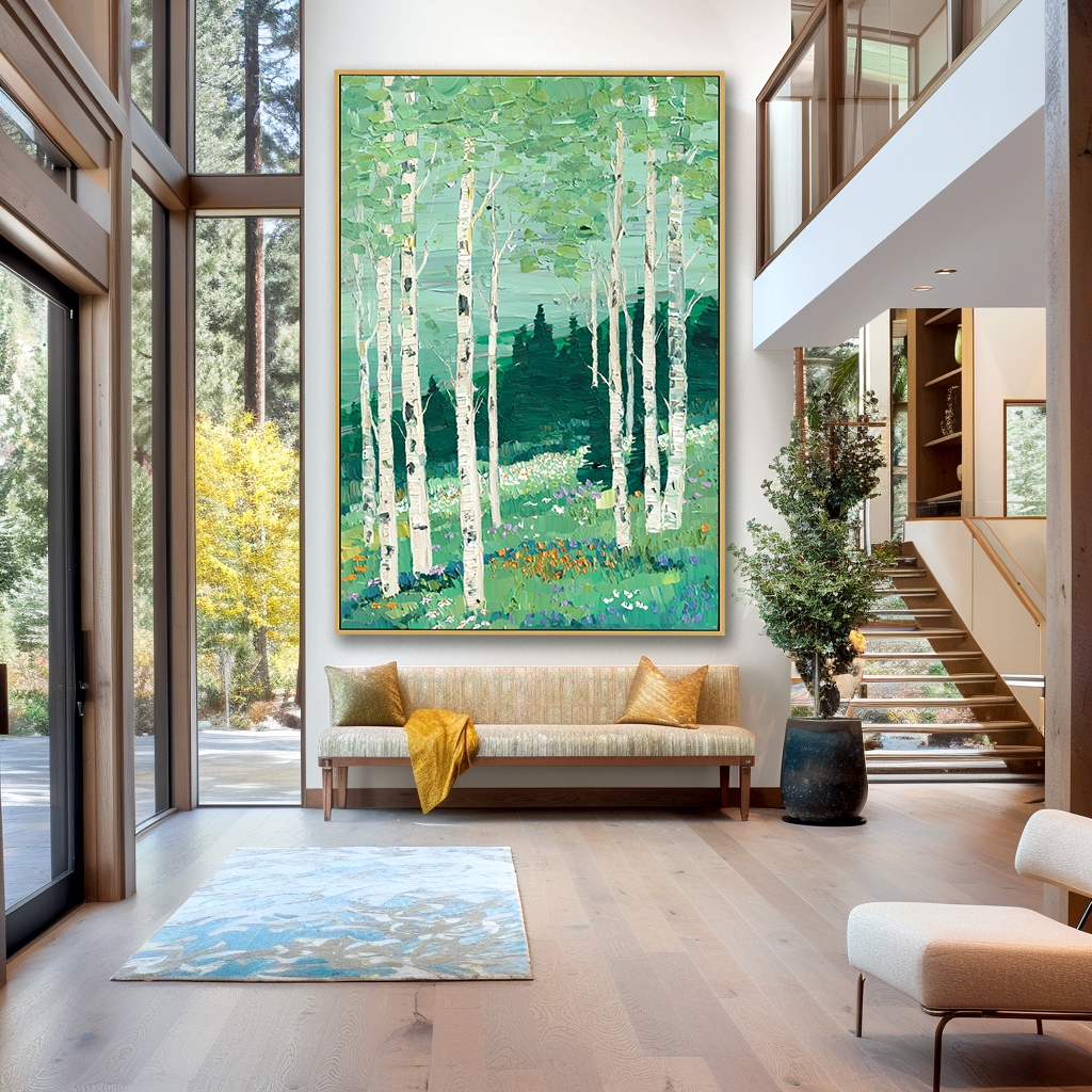 Still Grove – Hand-Painted Abstract Textured Forest Landscape Oil Painting#AB14244