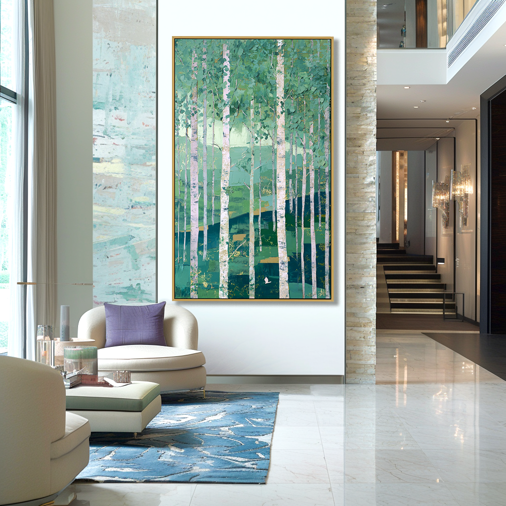 Vertical Silence – Hand-Painted Abstract Textured Forest Oil Painting#AB14246