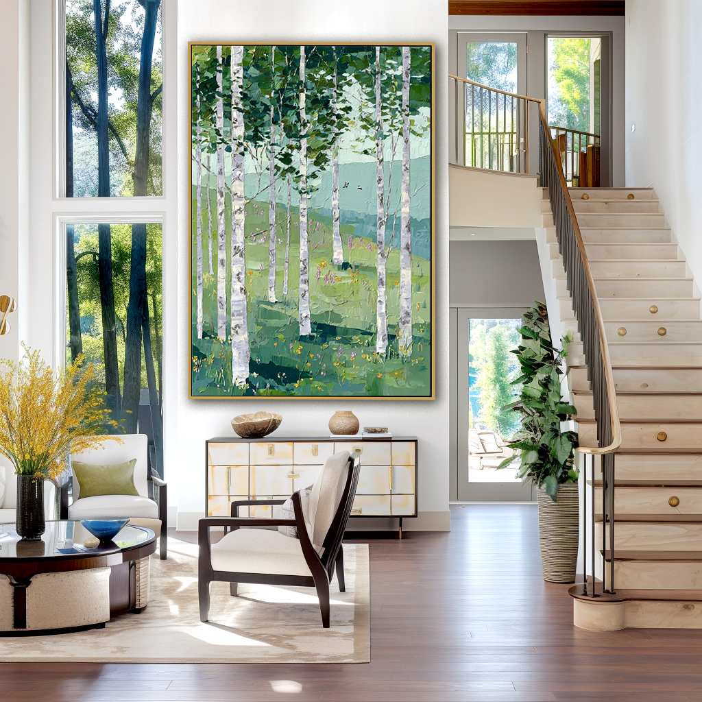 Quiet Hillside – Hand-Painted Abstract Birch Forest Oil Painting#AB14247