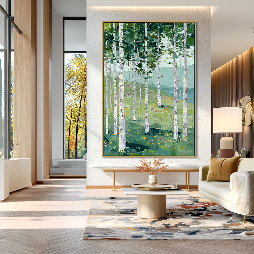 Quiet Hillside – Hand-Painted Abstract Birch Forest Oil Painting#AB14247