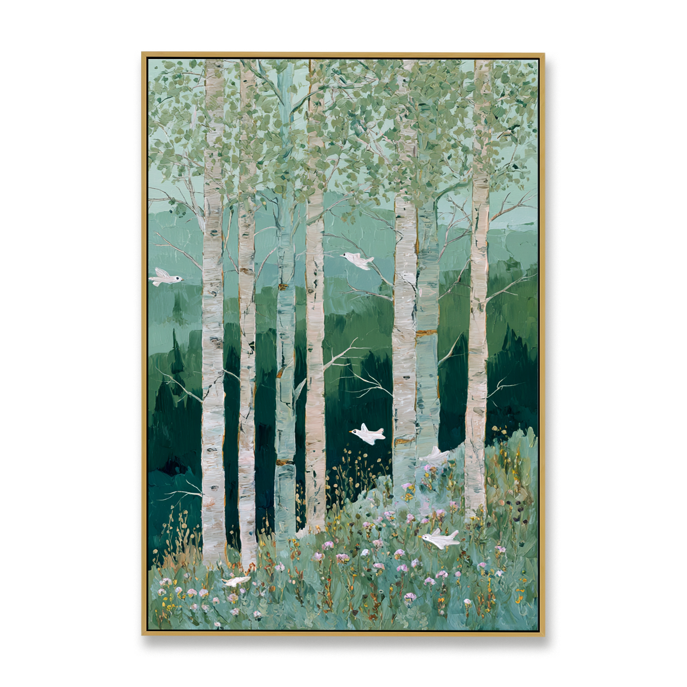 Whispers Between the Trees – Hand-Painted Abstract Birch Forest Oil Painting#AB14249