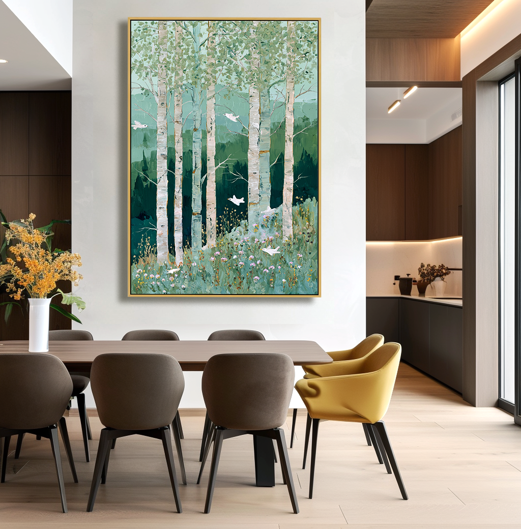 Whispers Between the Trees – Hand-Painted Abstract Birch Forest Oil Painting#AB14249