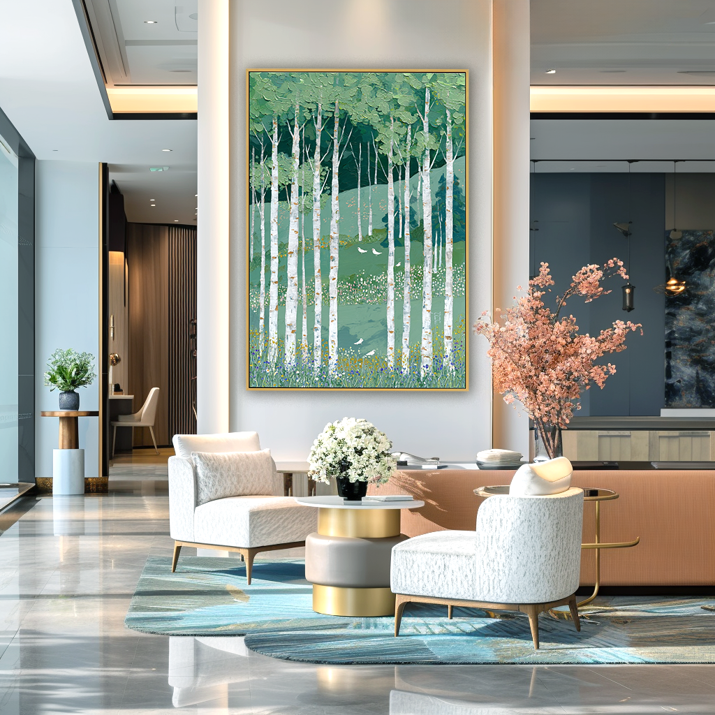 Still Meadow Grove – Hand-Painted Abstract Birch Forest Oil Painting#AB14250