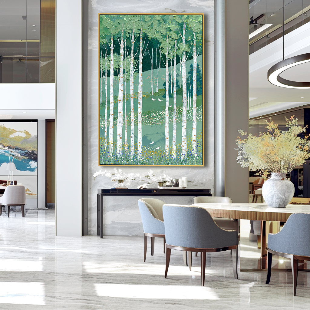 Still Meadow Grove – Hand-Painted Abstract Birch Forest Oil Painting#AB14250