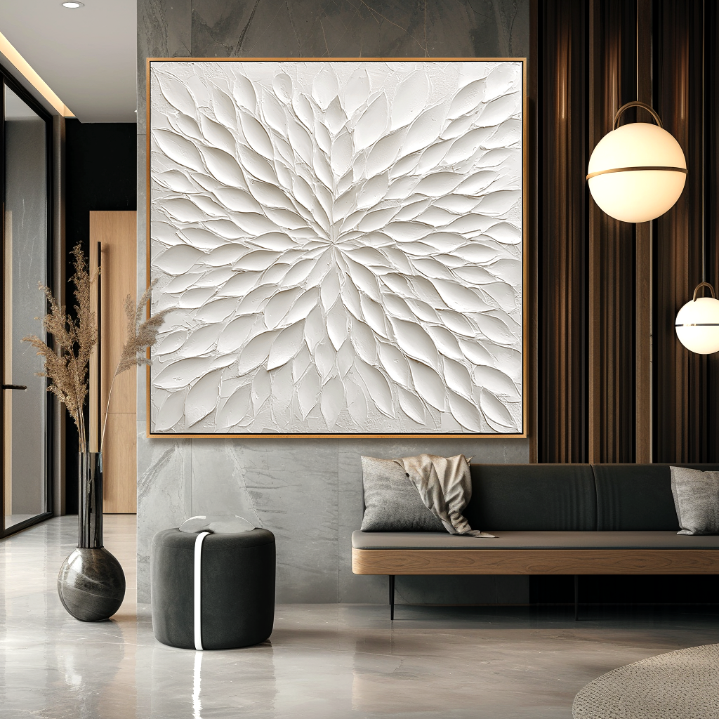 Radiant Stillness – Hand-Painted White Textured Abstract Wall Art#AB14173