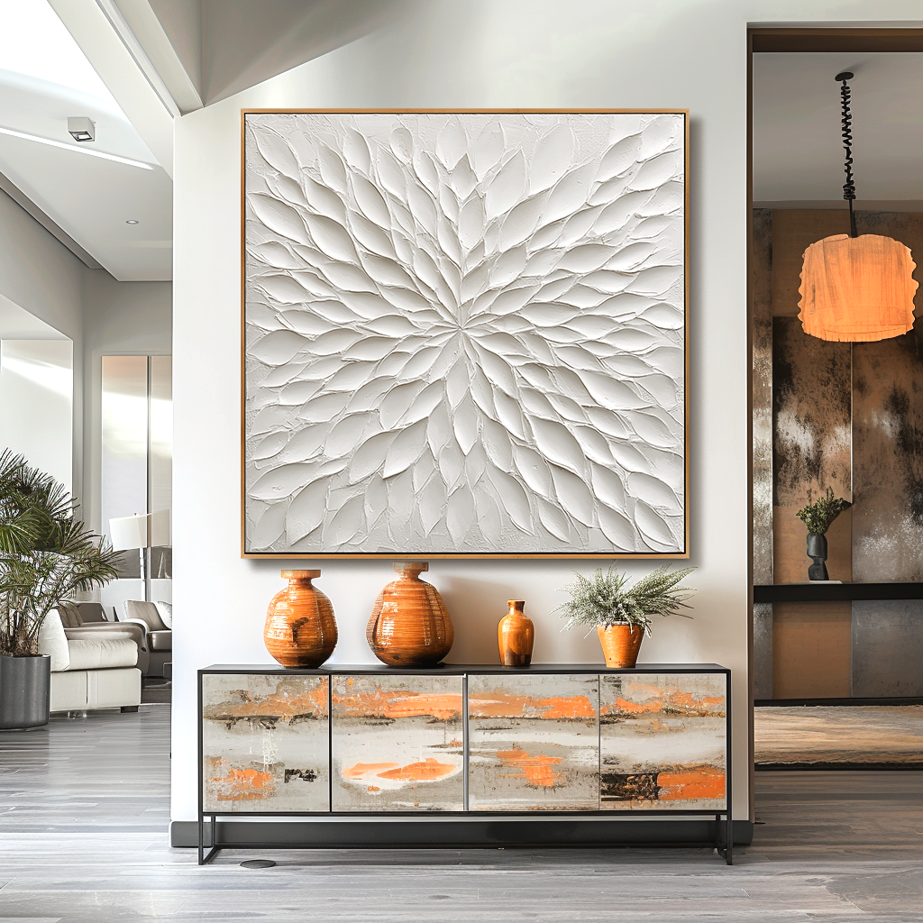 Radiant Stillness – Hand-Painted White Textured Abstract Wall Art#AB14173